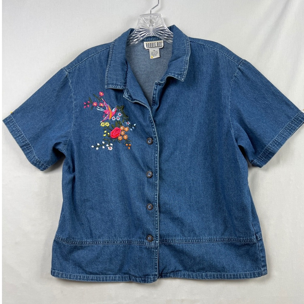 Robbie Bee Denim Shirt Women 14 Blue Embroidered Bird Floral Short Sleeve Button